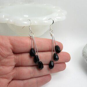 Triple dangle Czech glass Jet teardrop earrings